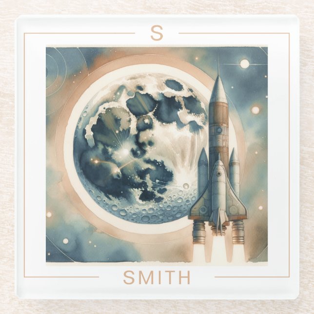 Rocket Moon Space  Monogram Glass Coaster (Front)
