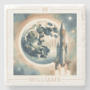Rocket Moon Space Monogram Stone Coaster