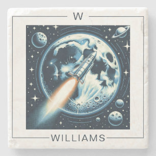 Rocket Moon Space Monogram Stone Coaster