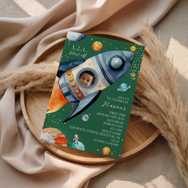 Rocket Photo First Birthday Space Party Invitation (Creator Uploaded)