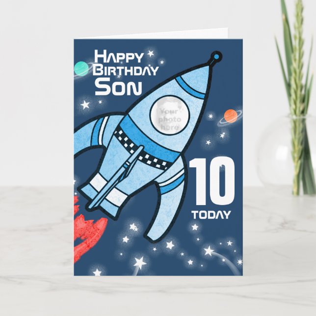 Rocket photo Son 10th birthday boys card (Front)
