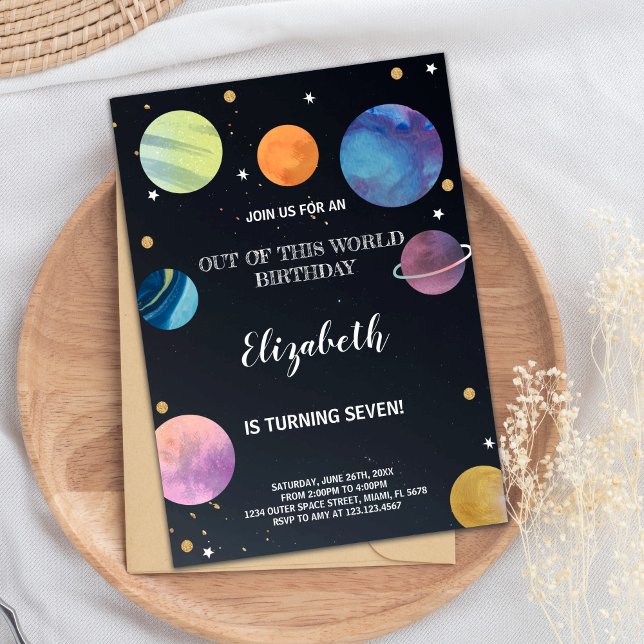 Rocket & Planet Galaxy Theme for Kids Invitation (Black Outer Space Birthday Invitations)