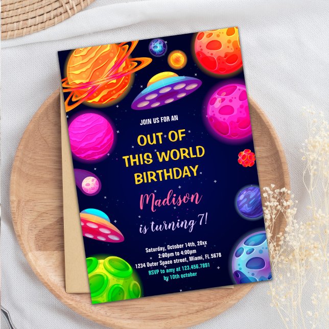 Rocket, Planets & Stars Party Theme Invitation (Outer Space Birthday Invitations)