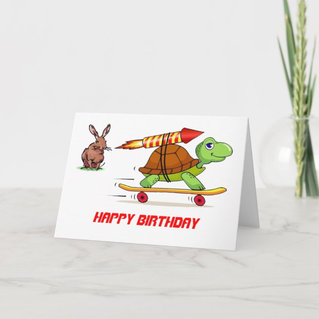 Rocket Propelled Tortoise and Hare Birthday Card (Front)