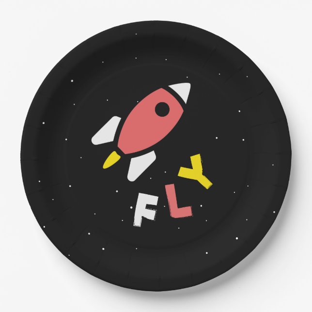Rocket - Red & Yellow Abstract Pop Art. FLY! Paper Plate (Front)