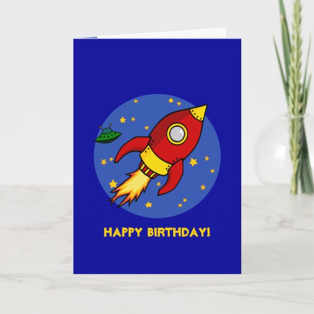 Rocket red yellow Blue Birthday Card (Front)