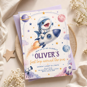 Rocket Riding Shark First Birthday Space Party Invitation