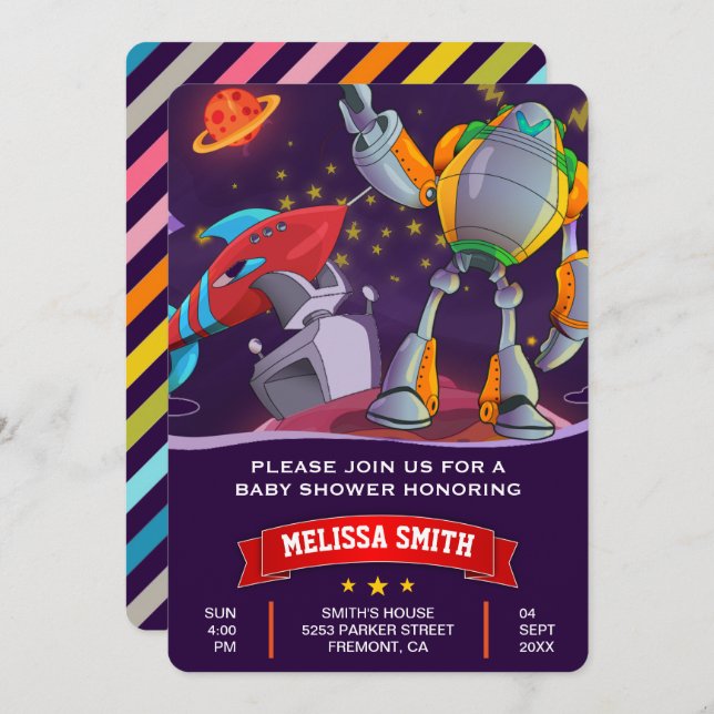 Rocket Robot Outer Space Baby Shower Invitation (Front/Back)