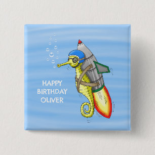 Rocket Seahorse Birthday 15 Cm Square Badge