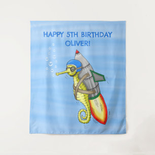 Rocket Seahorse Jetpack Ride Tapestry
