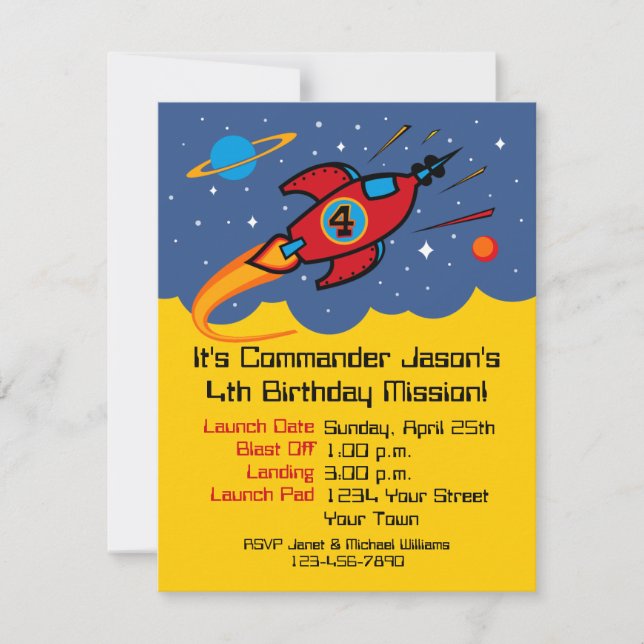 Rocket Ship 4th Birthday Custom Invitations (Front)