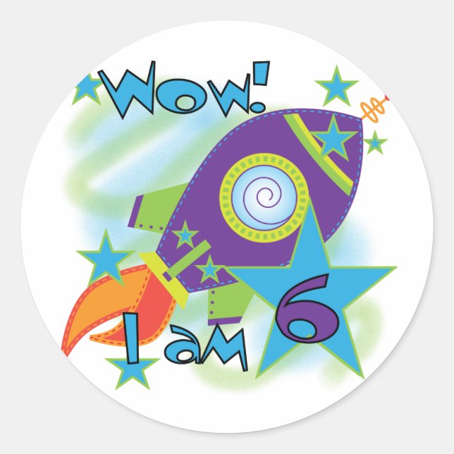 Rocket Ship 6th Birthday Tshirts and Gifts Classic Round Sticker (Front)