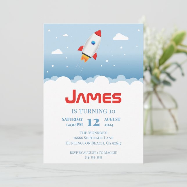 Rocket Ship Birthday Party Invitation (Standing Front)