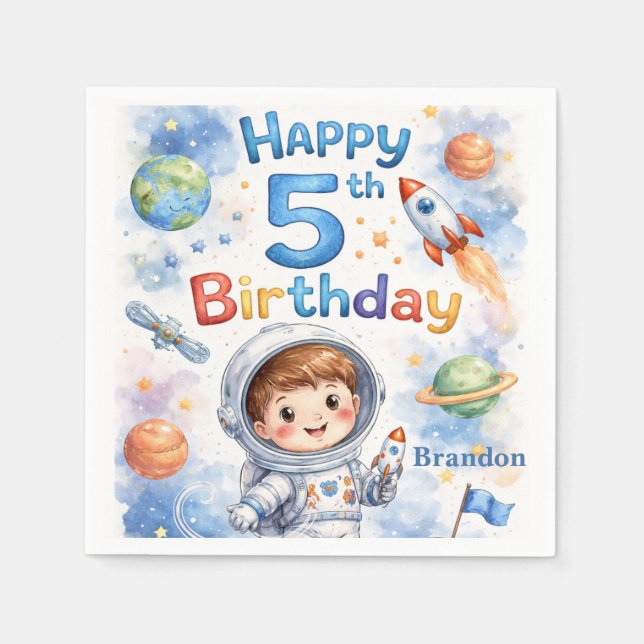 Rocket ship birthday Space Planets Boy Stars Napkin (Front)