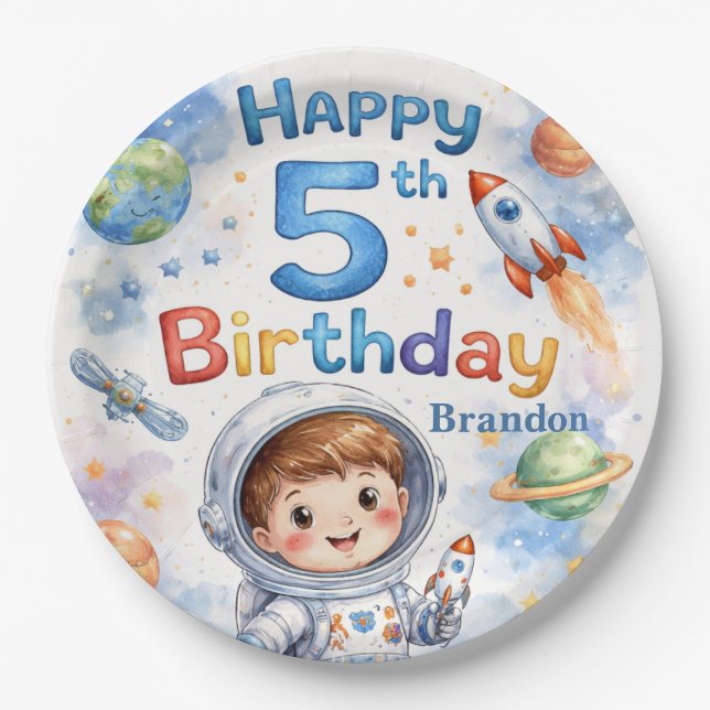 Rocket ship birthday Space Planets Boy Stars Paper Plate (Front)
