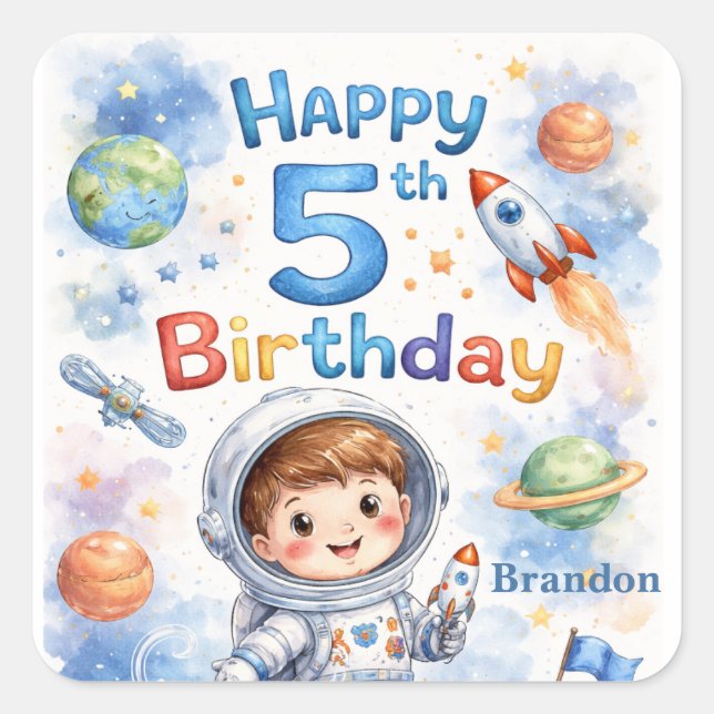 Rocket ship birthday Space Planets Boy Stars Square Sticker (Front)