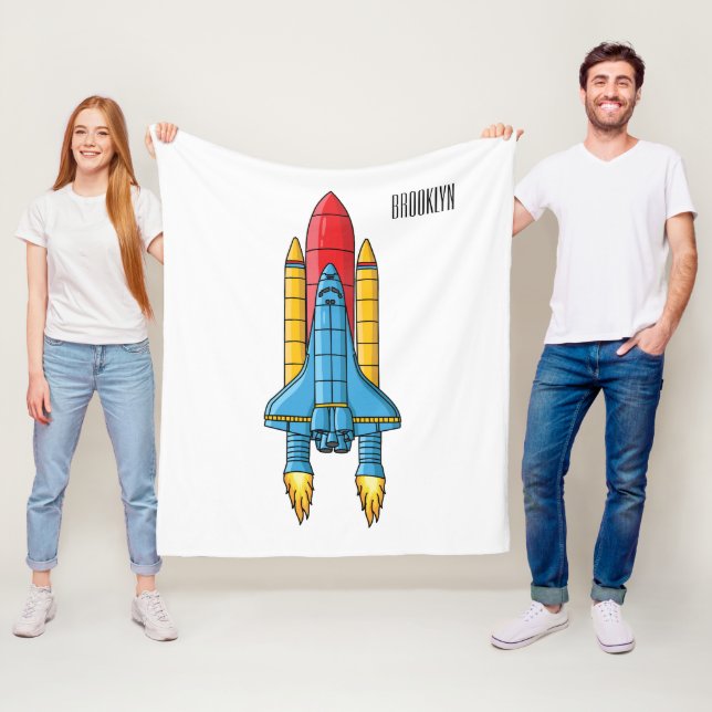 Rocket ship cartoon illustration fleece blanket (In Situ)