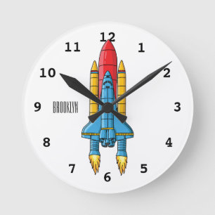 Rocket ship cartoon illustration round clock