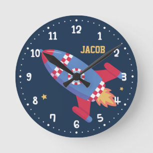 Rocket Ship Chequered, Outer Space, Kids Room Round Clock