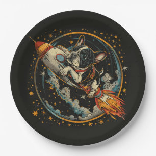 Rocket Ship French Bulldog Astronaut Paper Plate