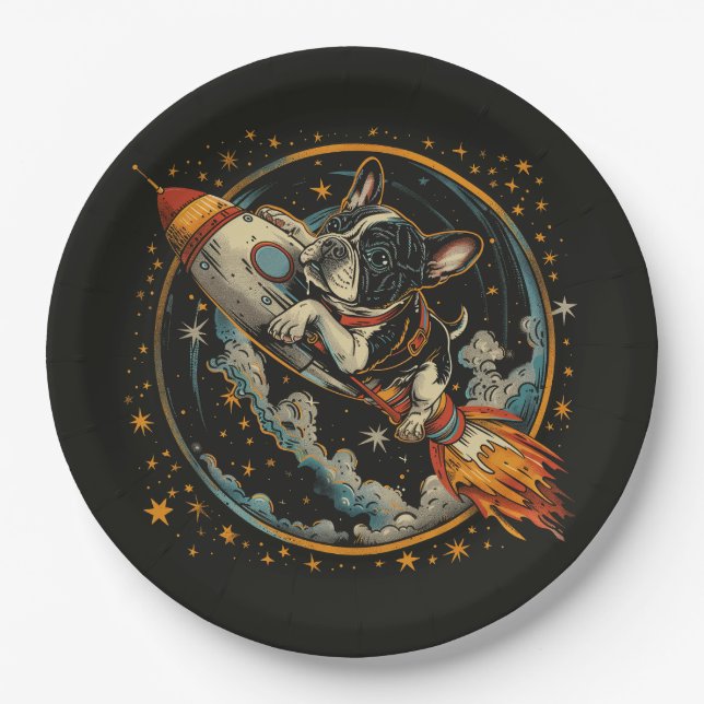 Rocket Ship French Bulldog Astronaut Paper Plate (Front)