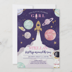 Rocket Ship Galaxy Birthday Invitation For Girls