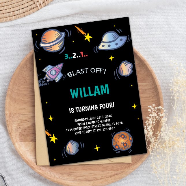 Rocket Ship & Galaxy Theme for Kids Invitation (Outer space Birthday Invitations)