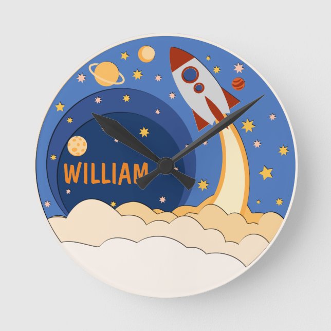 Rocket ship In Space Cute Personalised Nursery Round Clock (Front)