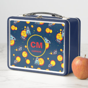Rocket Ship in Space Navy Blue Monogrammed Boy's Metal Lunch Box