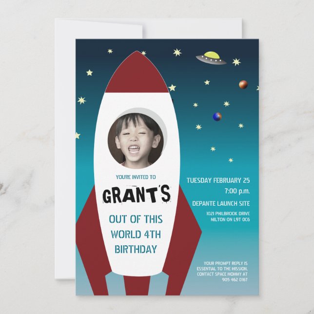 Rocket Ship Out of this World photo Birthday Invitation (Front)