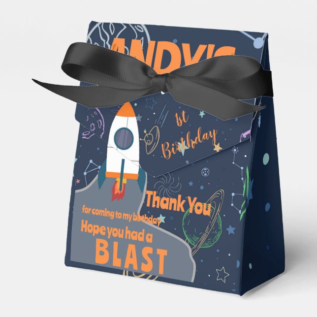 Rocket Ship Outer Space Birthday Party Thank You Favour Box (Front Side)