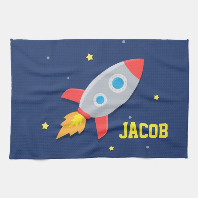 Rocket Ship, Outer Space, For Boys Tea Towel (Horizontal)