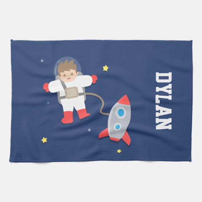 Rocket Ship Outer Space Little Astronaut For Kids Tea Towel (Horizontal)
