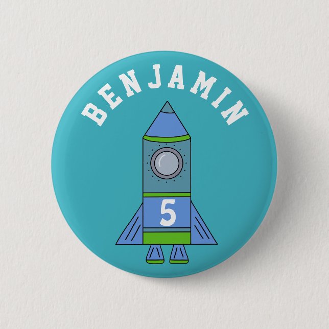 Rocket Ship Personalizable Blue Birthday 6 Cm Round Badge (Front)