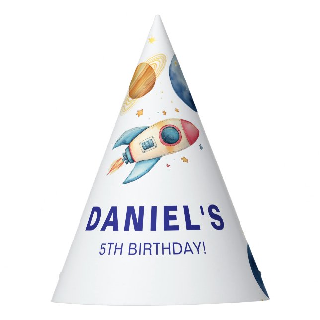 Rocket Ship Planet Space-Themed Custom Birthday Party Hat (Front)