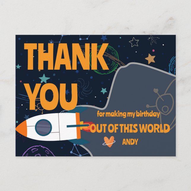Rocket Ship Planet Theme Space Birthday Thank You Postcard (Front)