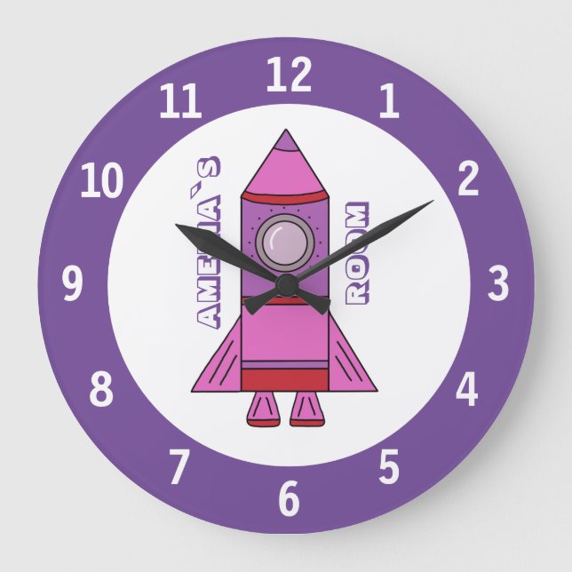 Rocket Ship Purple Space Wall Clock with Name (Front)