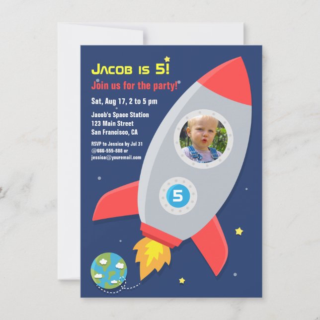 Rocket Ship Space Party Kids Birthday Photo Invitation (Front)