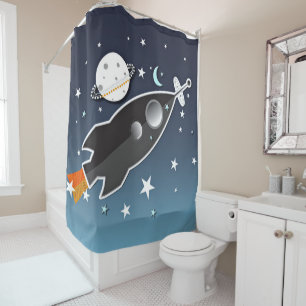Rocket Ship Spaceship Blue and Orange Whimsical Shower Curtain