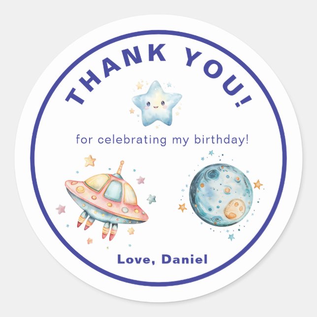 Rocket Ship Thank You Outer Space Birthday Classic Round Sticker (Front)