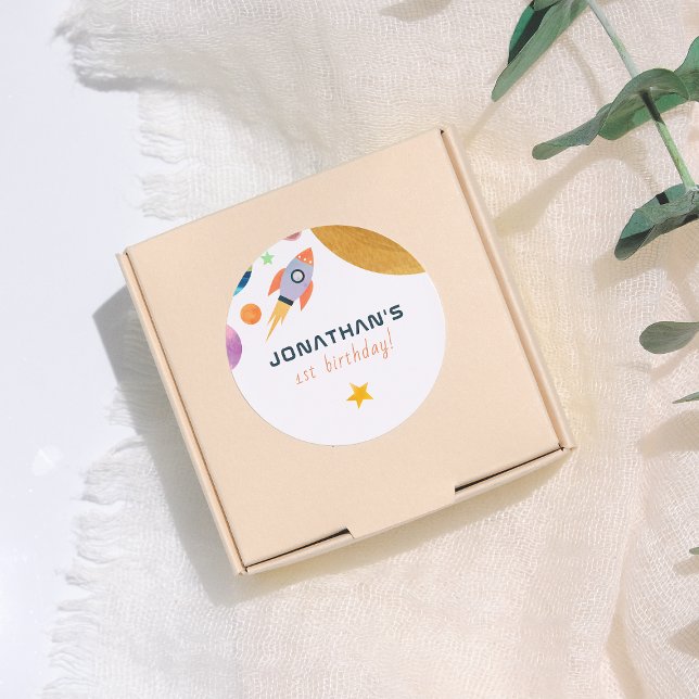 Rocket Ship Trip Around The Sun Space Boy Birthday Classic Round Sticker (Creator Uploaded)