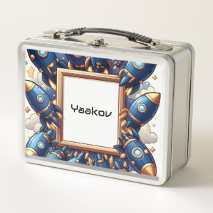Rocket Ships Gold Navy Blue Personalised Boy Moder Metal Lunch Box