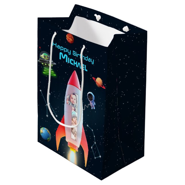 Rocket Space 1st Birthday | Huge One Photo Collage Medium Gift Bag (Front Angled)