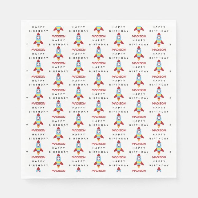 Rocket Spaceship Launching Custom Name Birthday Napkin (Front)