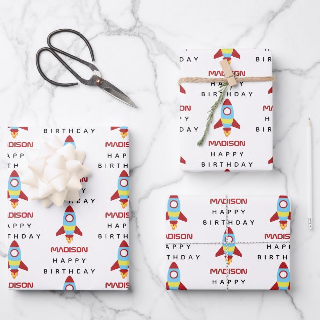 Rocket Spaceship Launching Custom Name Birthday Wrapping Paper Sheet (Front)