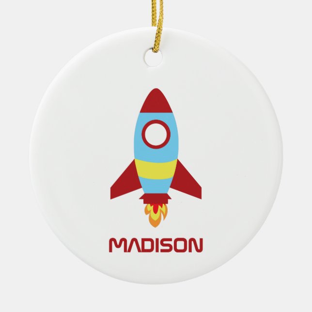 Rocket Spaceship Launching Custom Name Ceramic Tree Decoration (Front)