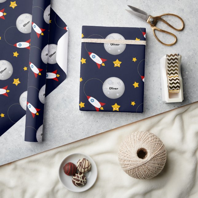 Rocket to the Moon and Stars Personalised Wrapping Paper (Crafts)