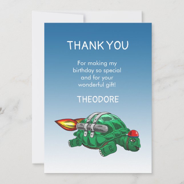 Rocket Turtle Birthday Thank You Card (Front)