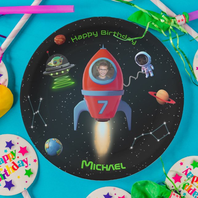 Rocket with Photo | Birthday Alien UFO Astronaut Paper Plate (Creator Uploaded)