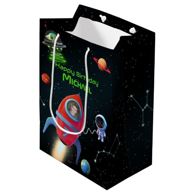 Rocket with Photo | Birthday Astronaut UFO Alien Medium Gift Bag (Front Angled)